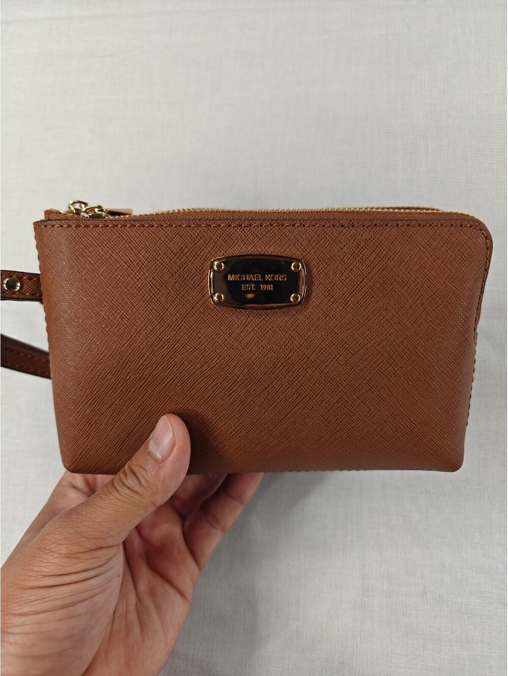 Michael Kors Brown Saffiano Leather Double Zip Wristlet Wallet Gold Tone